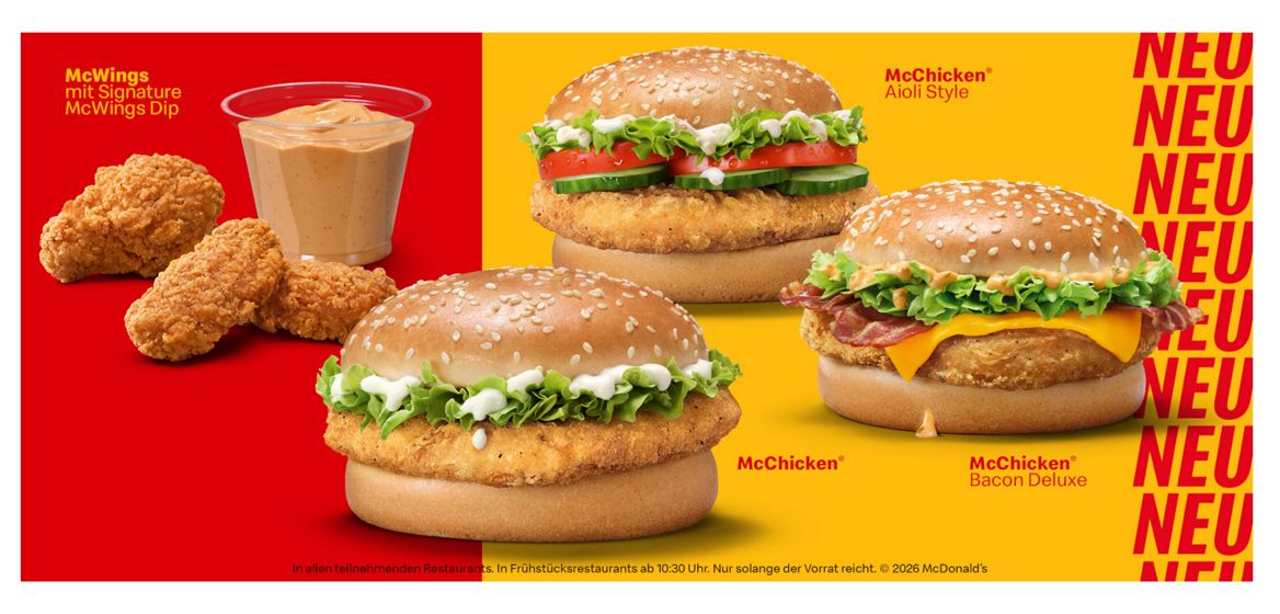 McDonald’s Chicken-Angebot mit McWings und Dip sowie drei Burgern: McChicken®, McChicken® Aioli Style und McChicken® Bacon Deluxe.
