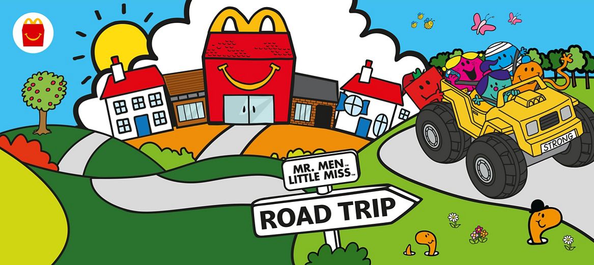 Hero illustration showing Mr Men and Little Miss on a road trip.
