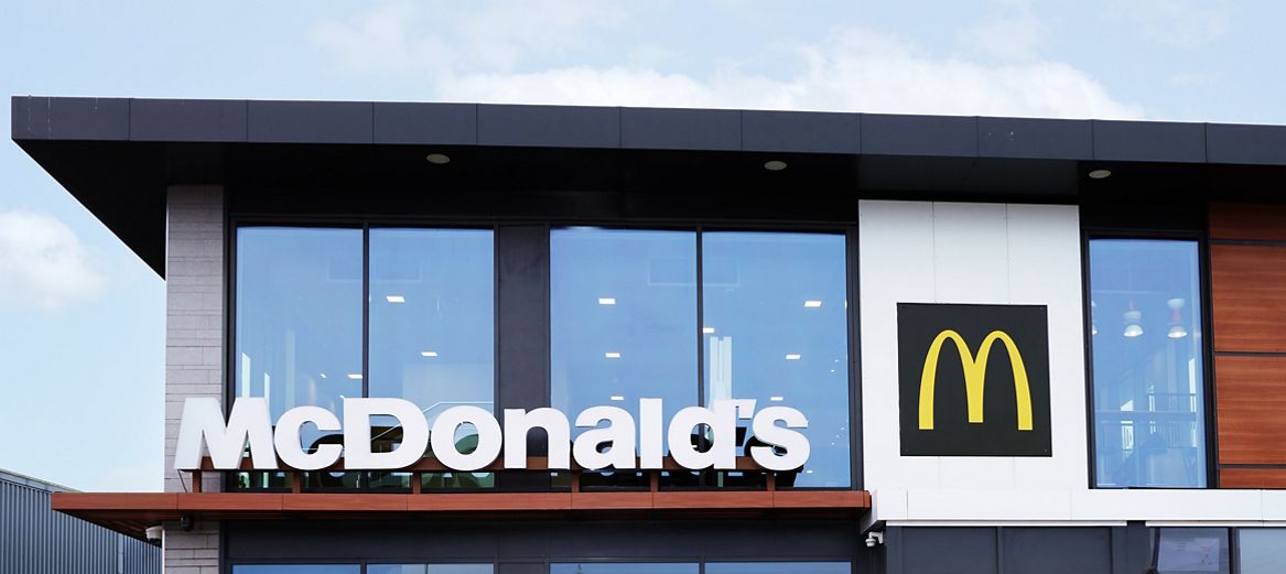 An aerial photo of the McDonald's logo outside a restaurant.