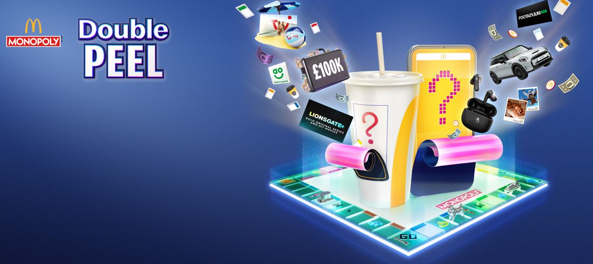 Monopoly board game with prizes jumping out of a phone.