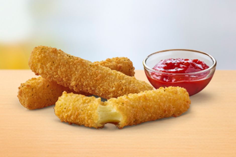 Crispy breadcrumbed mozzarella dippers with a red salsa dip.