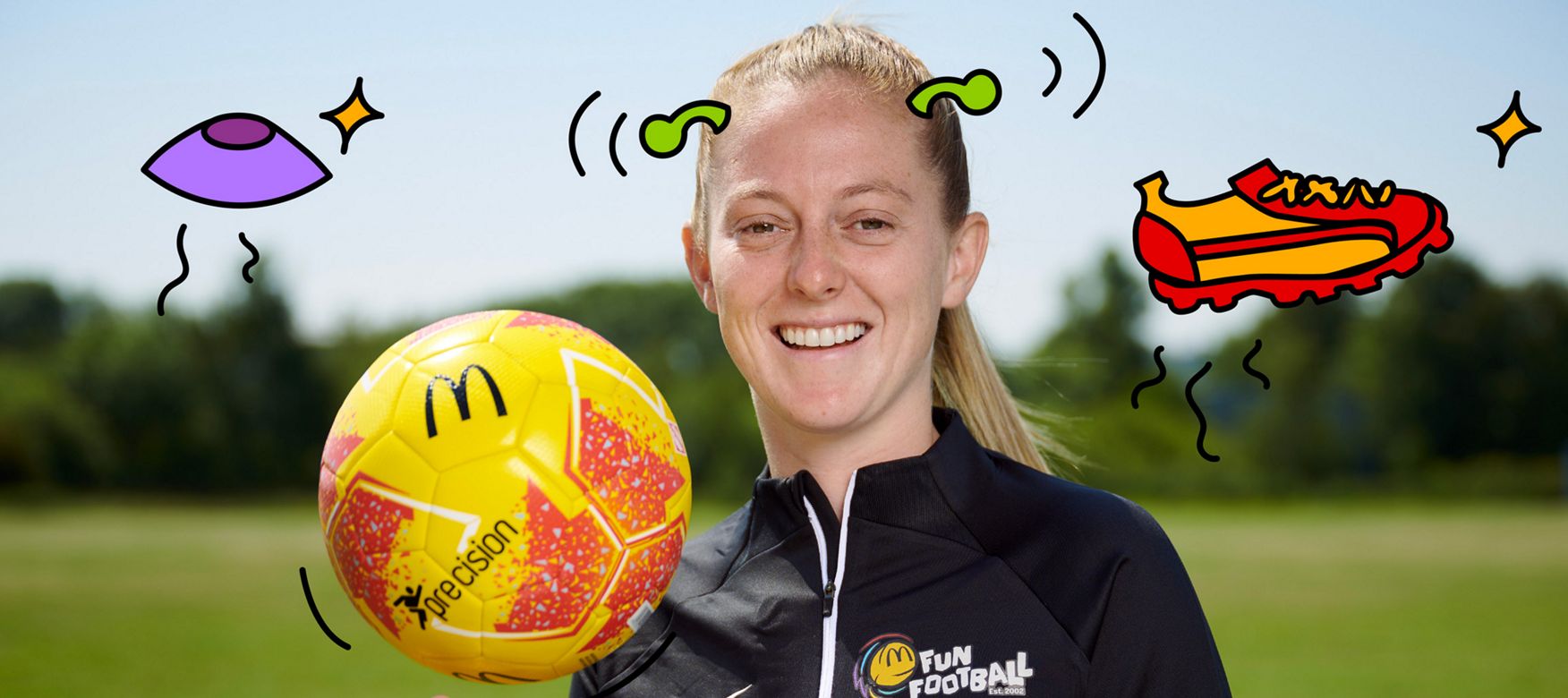Keira Walsh with a football with alien illustration over.