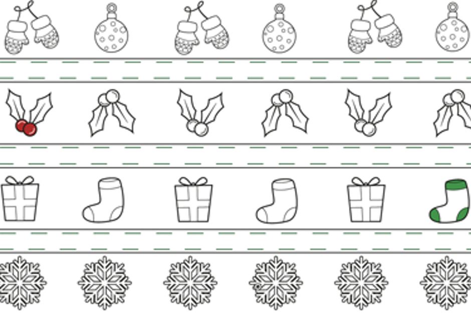 Christmas paper chains with gloves, baubles, presents, mistletoe, snowflakes and presents.