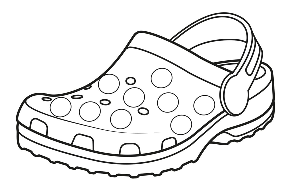 Black-and-white outline of a Crocs clog decorated with circular charm placeholders.