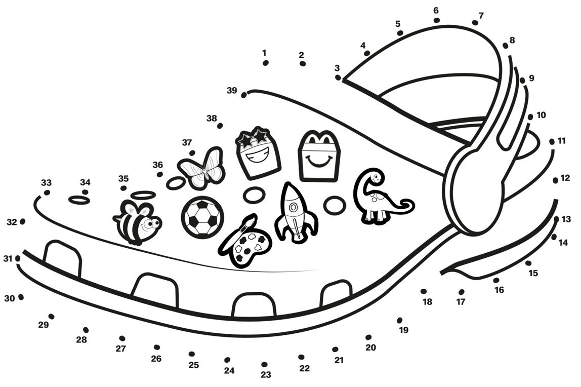 Numbered dot-to-dot puzzle forming a Crocs clog decorated with charms.