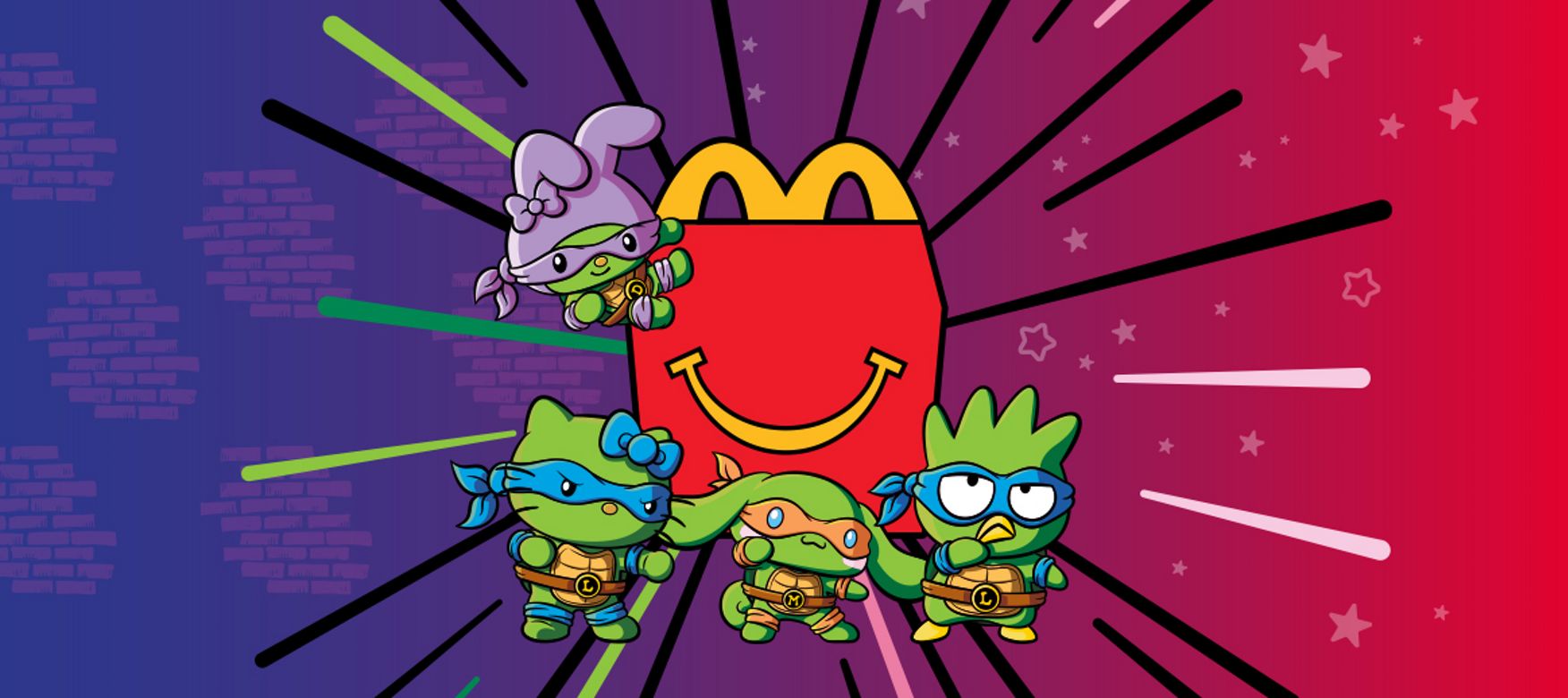 Cartoon Kitty Ninja Turtles in front of a red McDonald’s Happy Meal box on a colorful background