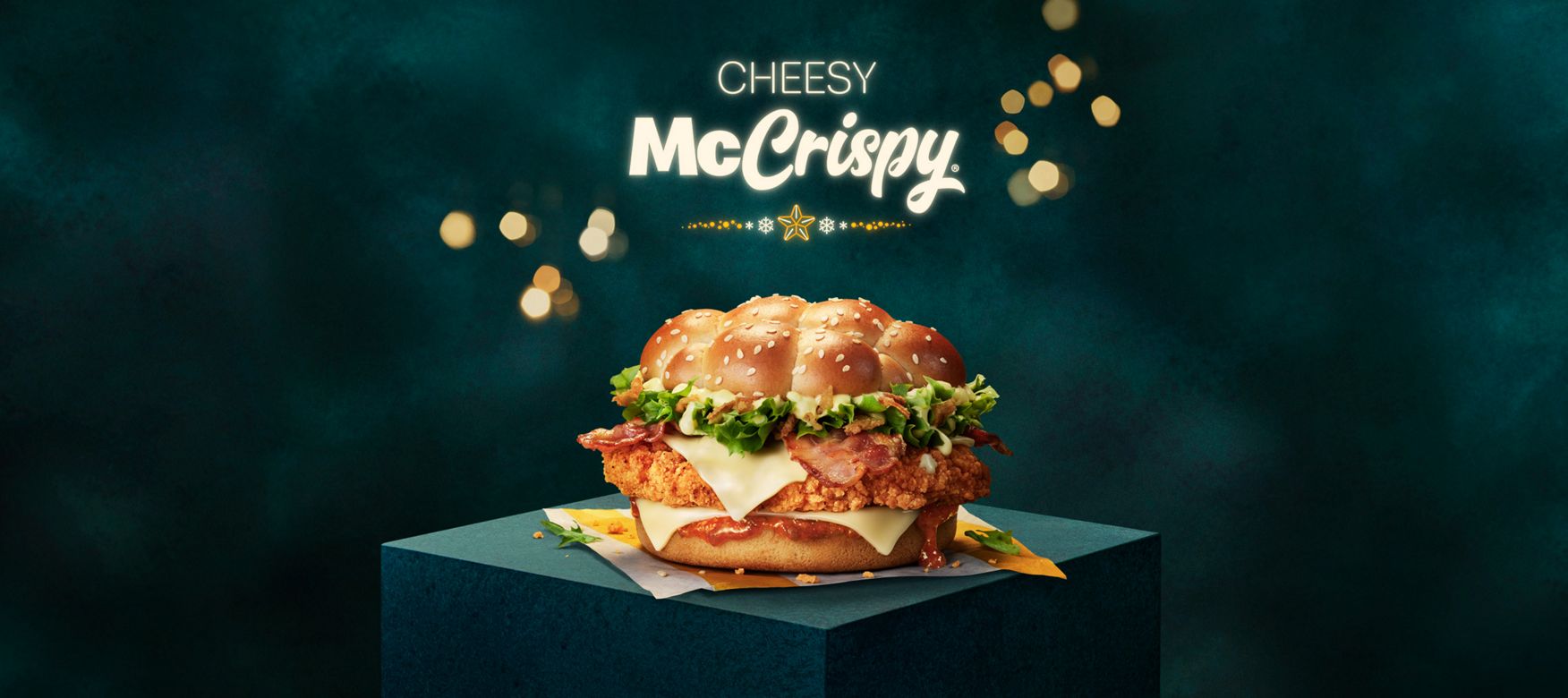 Cheesy McCrispy with a festive dark green background