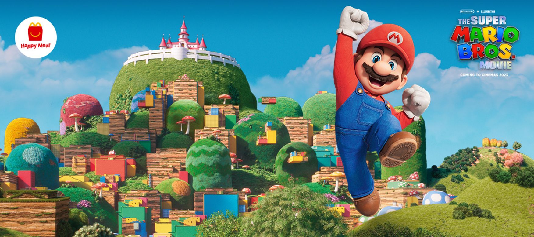 Super Mario on a Mushroom Kingdom background.
