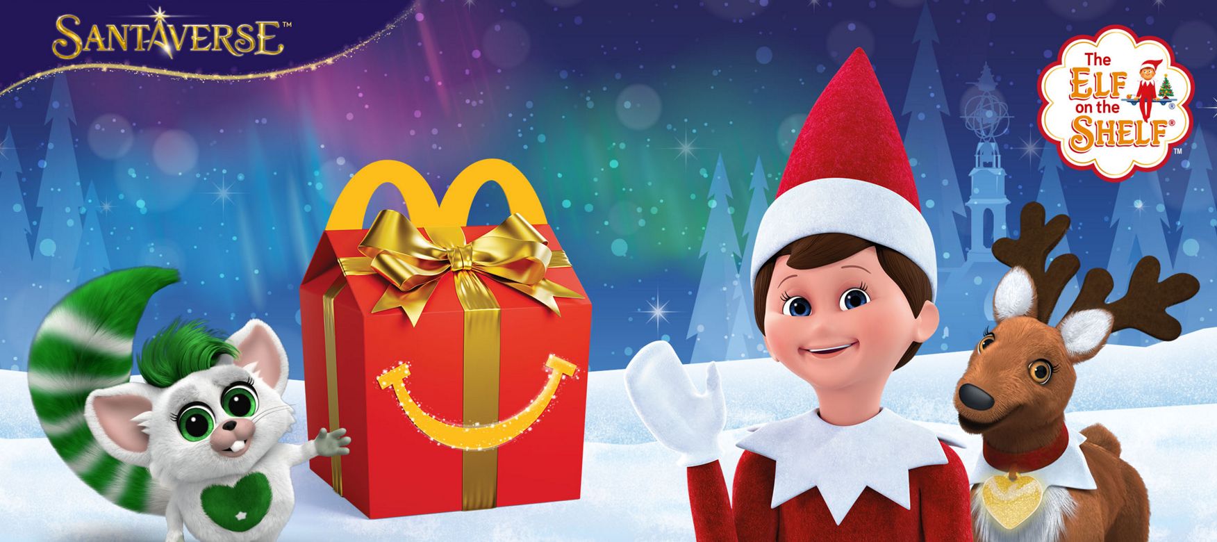 Festive winter scene with an Elf on the Shelf, a reindeer, a green-tailed bogie, and a McDonald’s Happy Meal box in snow.