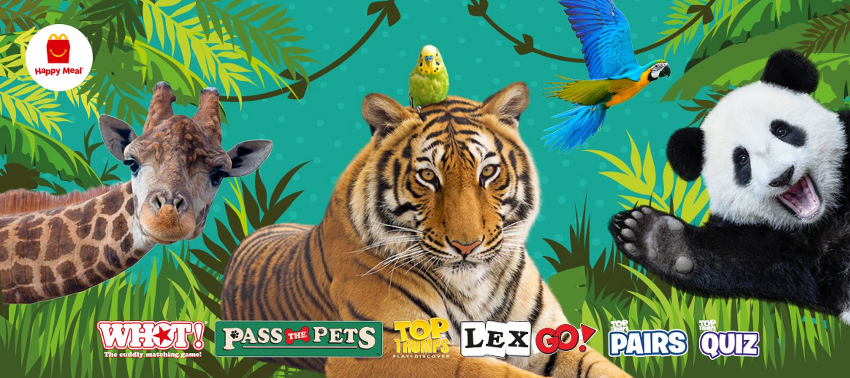 A tiger, a parakeet, a parrot, a giraﬀe, and a panda waving in a jungle background.