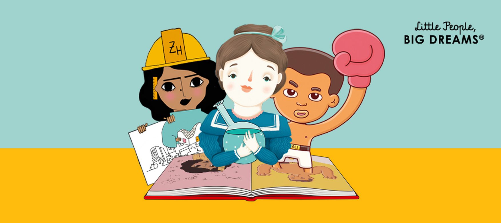 Marie Curie, Muhammad Ali and ZahaHadid illustrations coming out of a book.