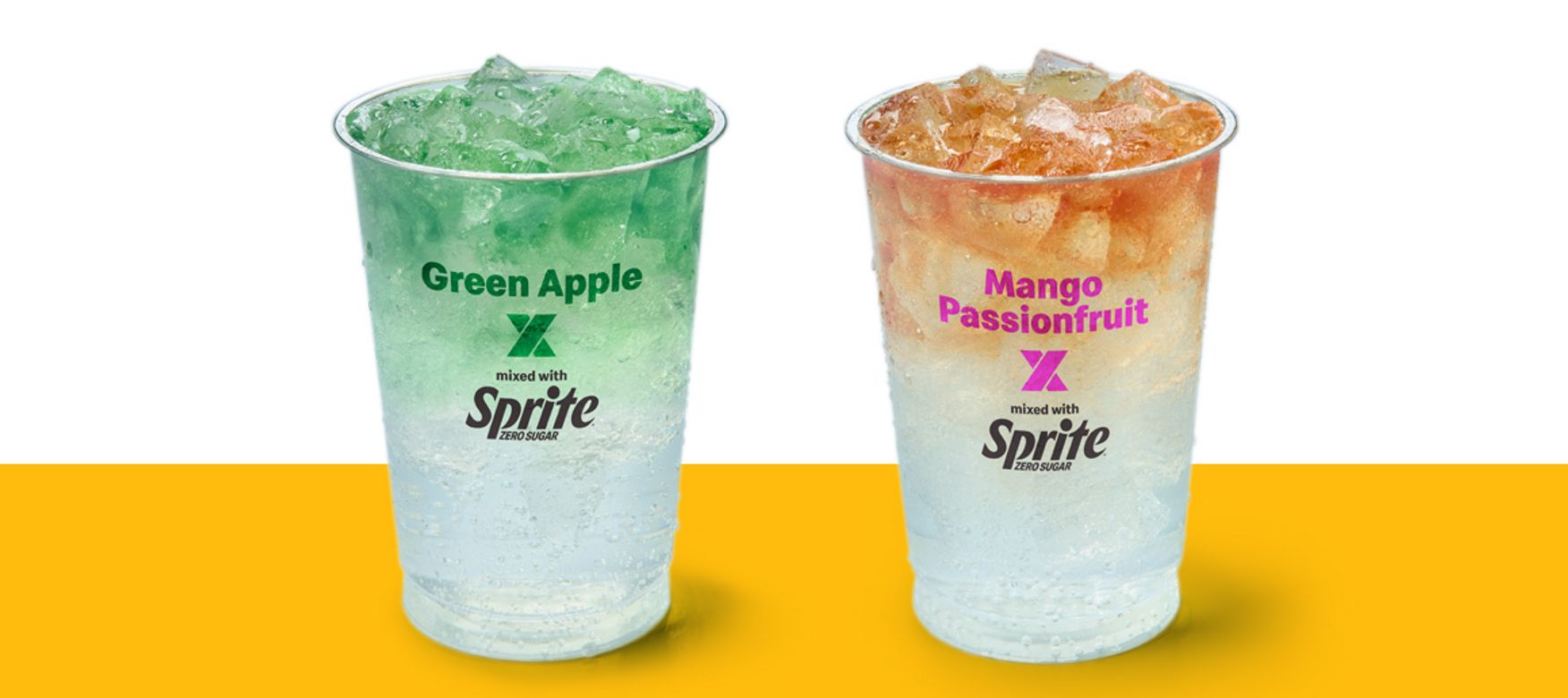 Green Apple x Sprite and Mango x Passionfruit x Sprite in a cup on a yellow shelf.