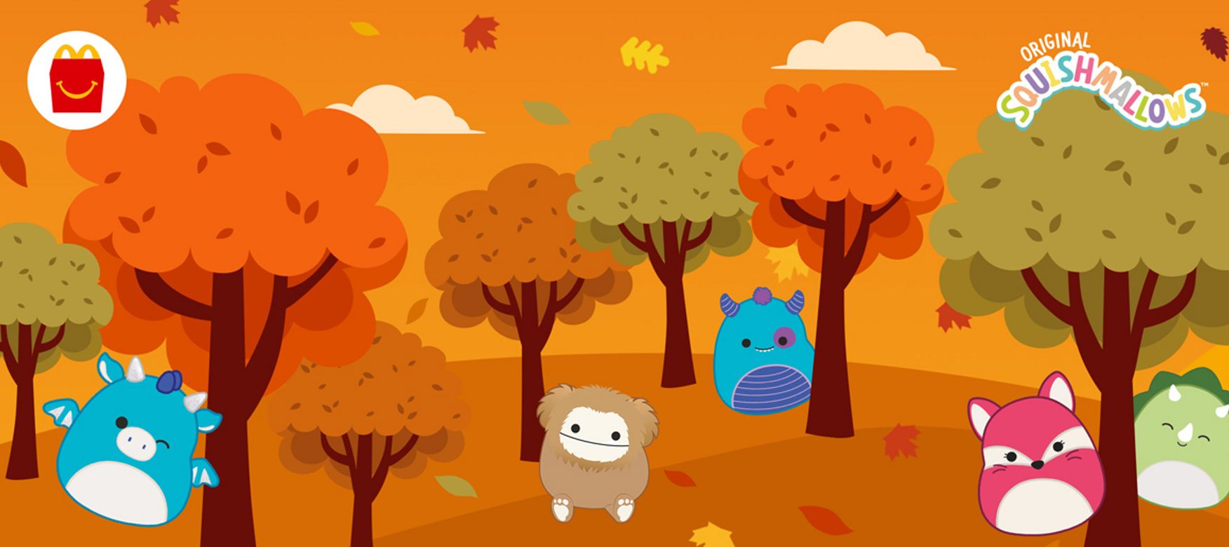 An autumn orange background with Trees, brown falling leaves and four Squishmallows.