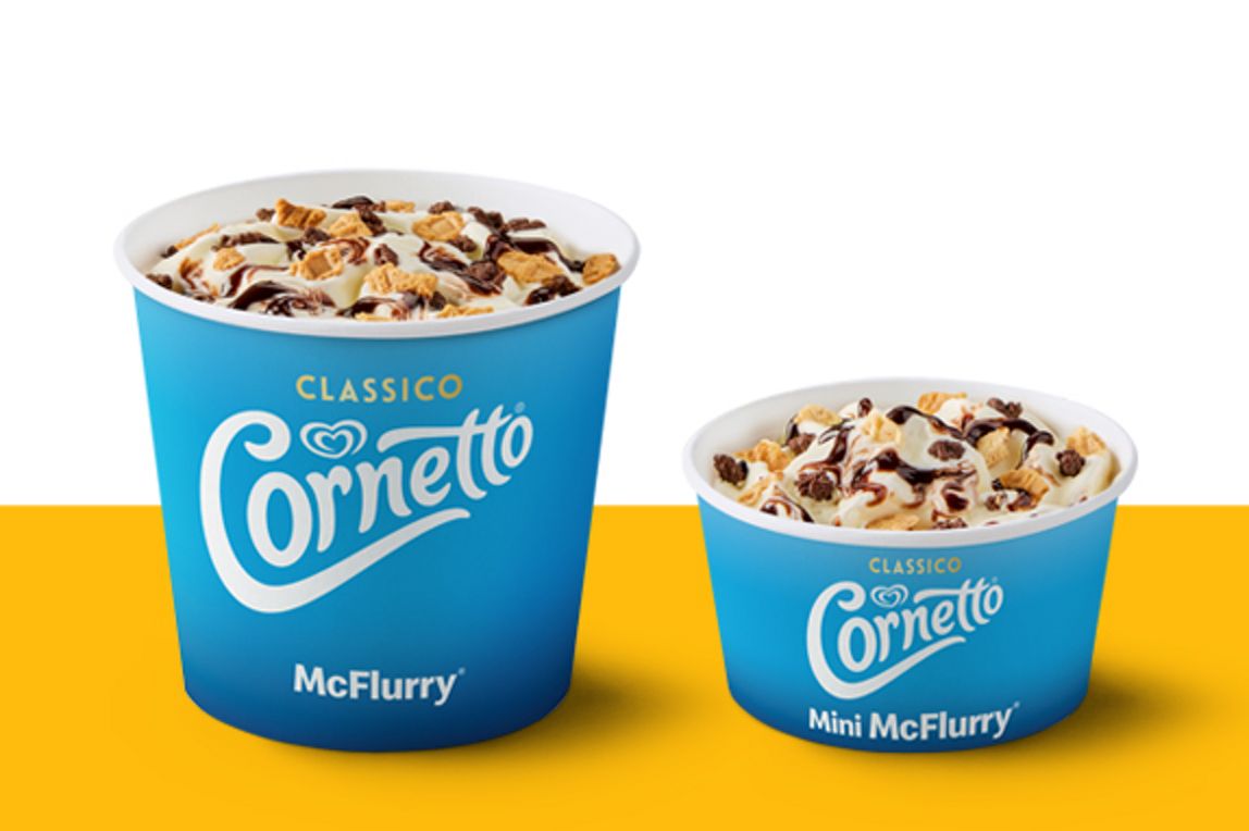 : Regular and mini Cornetto Classico McFlurry desserts topped with chocolate pieces and sauce.