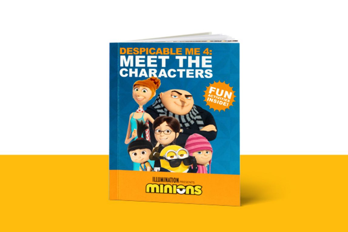 Despicable Me 4: Meet The Characters book on a yellow shelf with a blue background