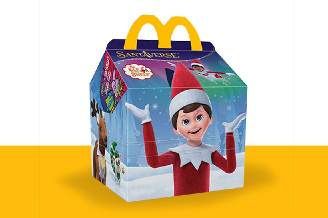 McDonald’s Happy Meal box with Elf on the Shelf holiday design and Santaverse branding.