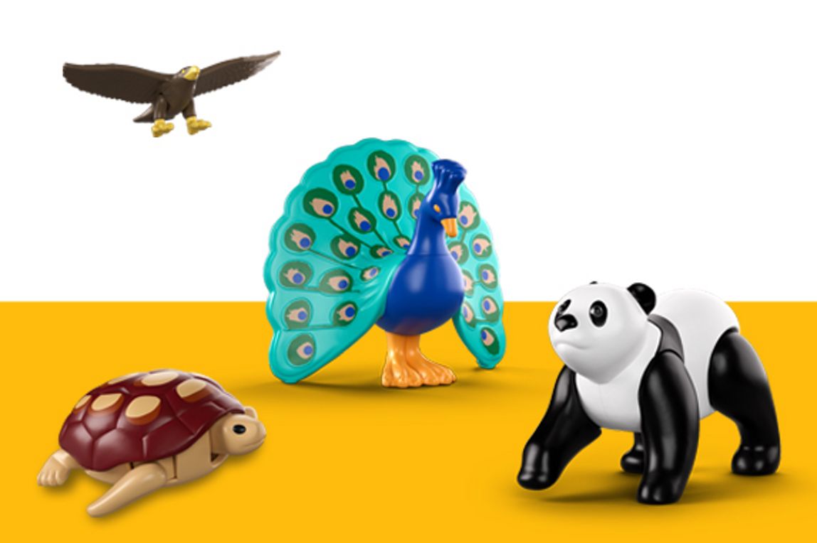 picture of the peacock, panda, eagle and turtle 3D Playmobil models. 