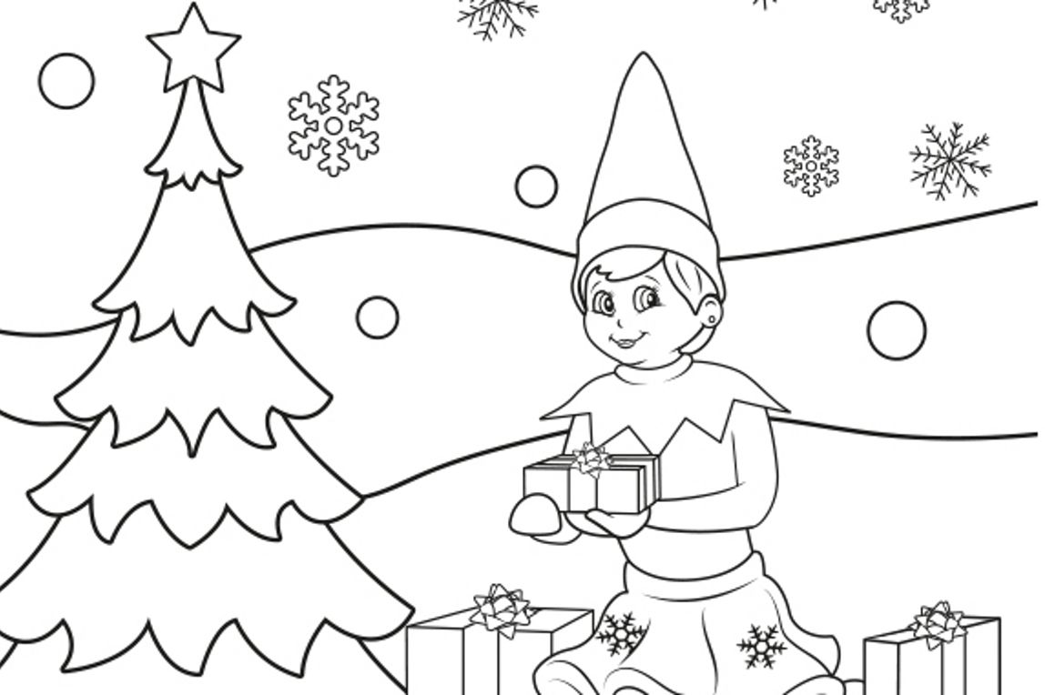 Holiday coloring page with an elf holding a gift beside a Christmas tree and more presents on the ground.