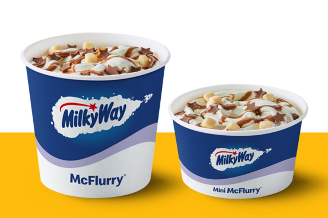 Regular and mini Milky Way McFlurry on a yellow shelf.