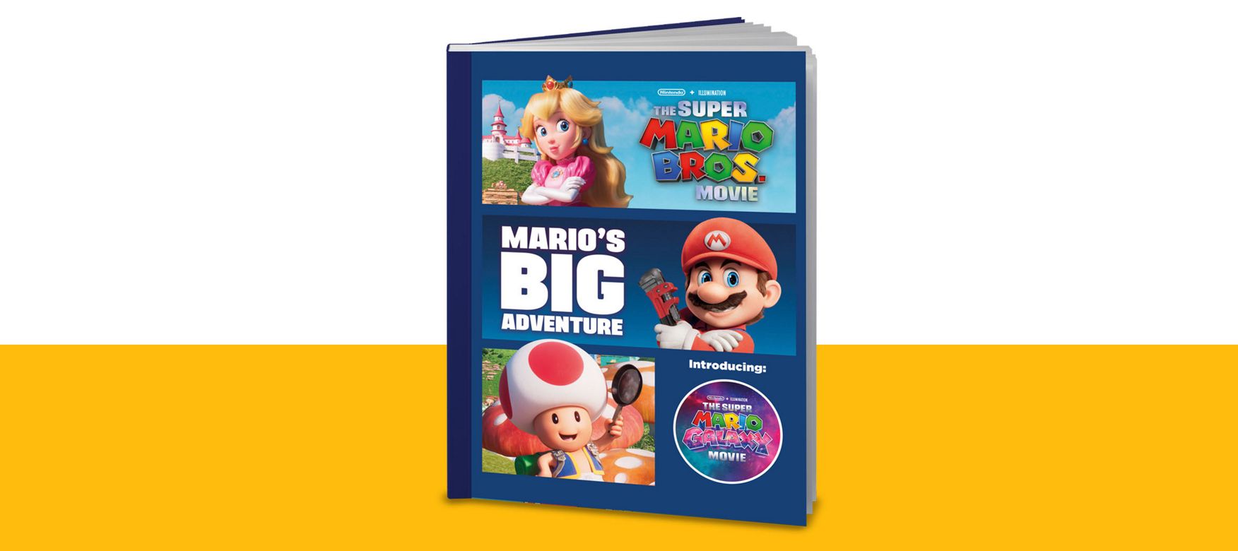 Mario’s Big Adventure! book on a yellow shelf