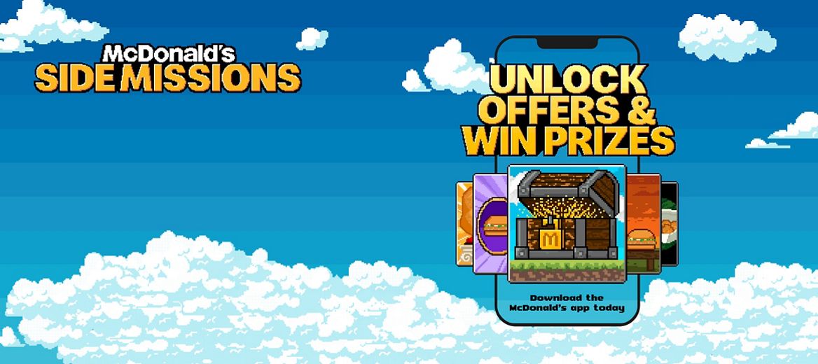 Phone on blue sky background with McDonald’s offers shown as 8-bit pixelated badges