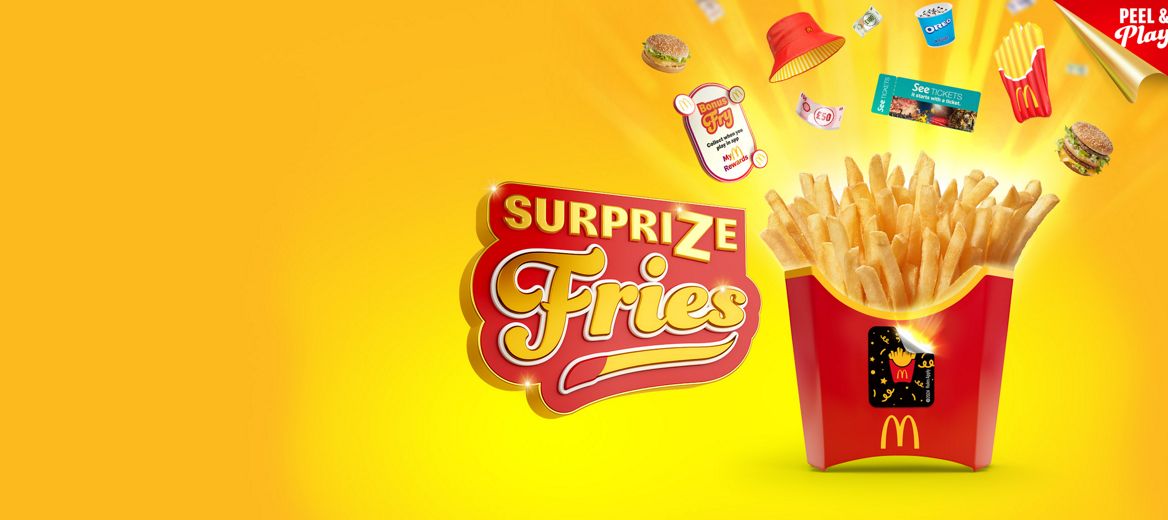 A yellow background with McDonald’s Fries with prizes at the top of the fries.