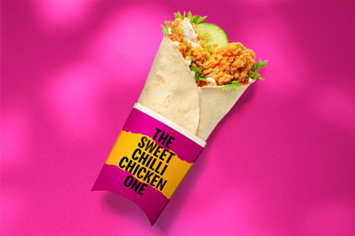 The Sweet Chilli Chicken One wrap against a pink background.
