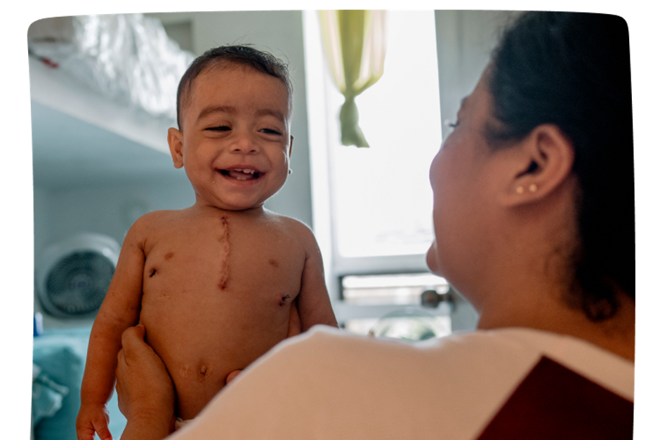 Three images of families supporting their young children who have undergone or are currently undergoing medical treatment. 