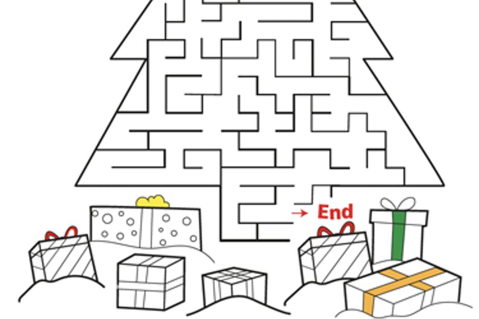 A maze in the shape of a tree with presents and snow.