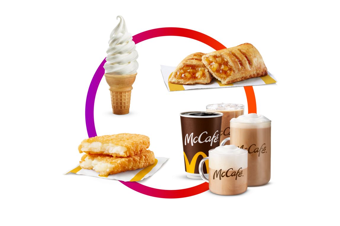 Une portion de patates hachées brunes, un cornet à la vanille, un chausson cuit au four et un groupe de boissons comprenant un thé/café infusé, un café glacé, un Latte et un Cappuccino sont reliés par des lignes qui forment un cercle.