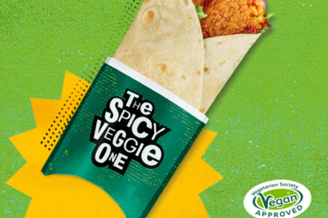 Tasty veggie dippers with spicy relish, crisp lettuce, red onion and tomato, all wrapped up in a soft, toasted tortilla wrap, and vegan certified by the Vegetarian Society. 