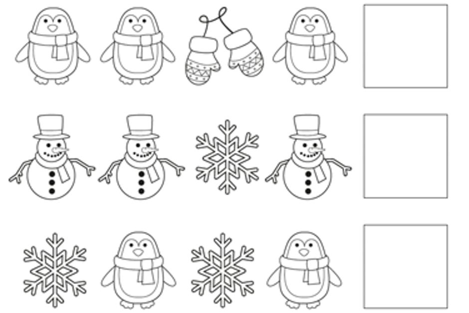 8A winter pattern with snowmen, snowflakes, gloves and penguins. 