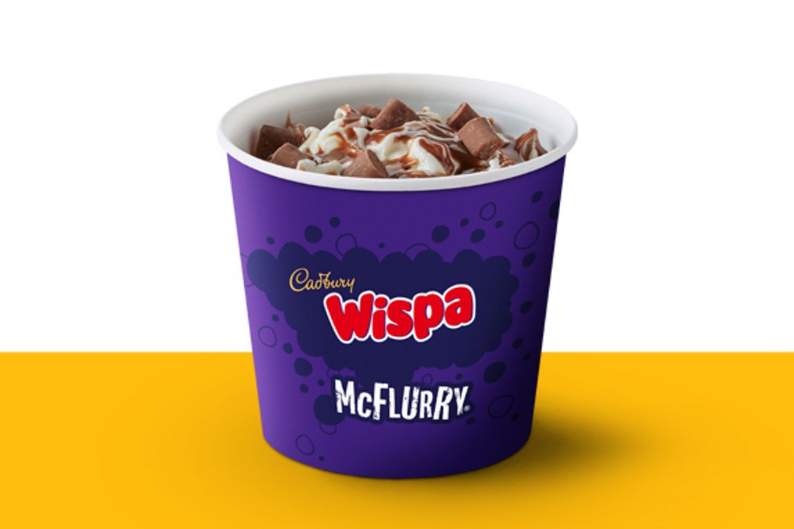 Wispa McFlurry ice cream on a yellow shelf.