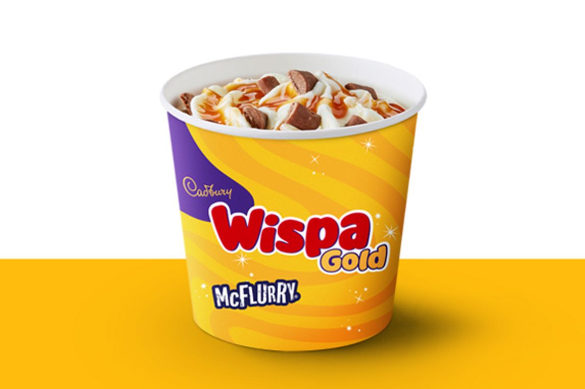 Wispa Gold McFlurry ice cream on a yellow shelf.