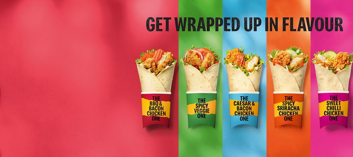  Five McDonald’s wraps on a multi-coloured background.