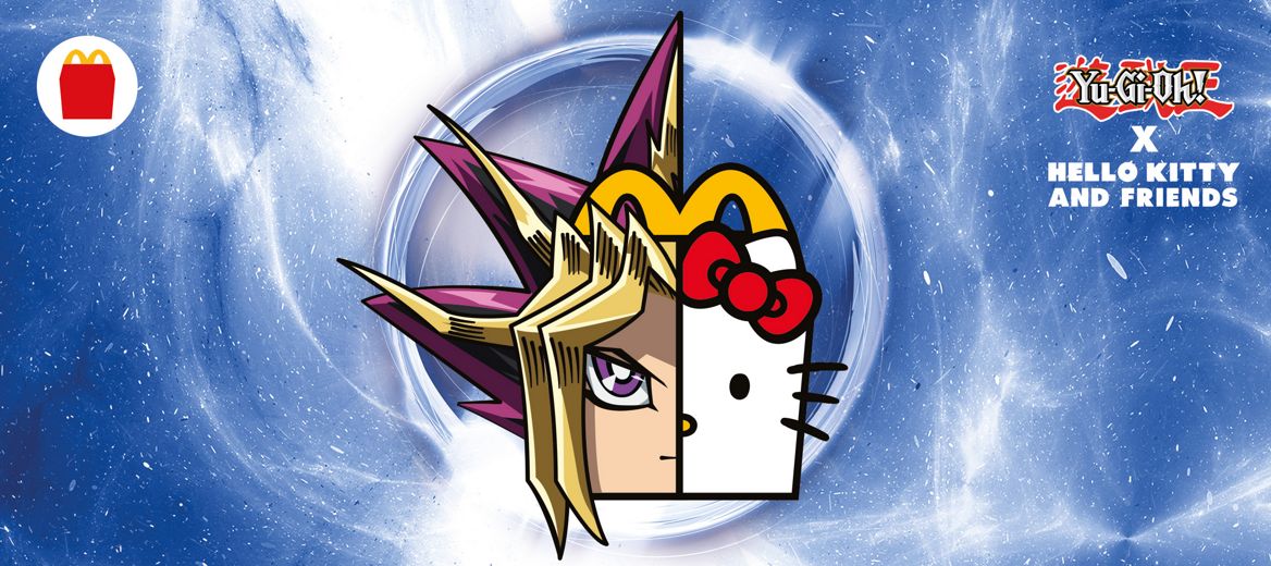 Yu-Gi-Oh x Hello Kitty characters with an electric blue background.