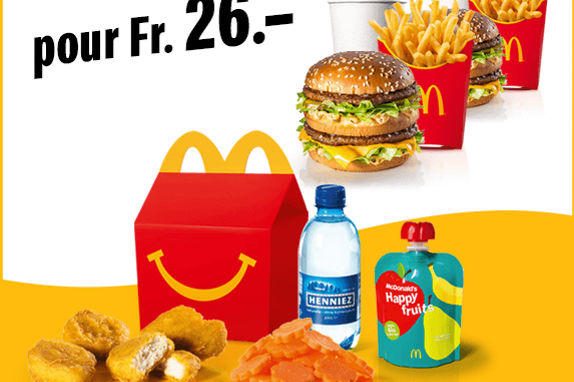 2 menus medium + 1 happy meal pour 26 chf