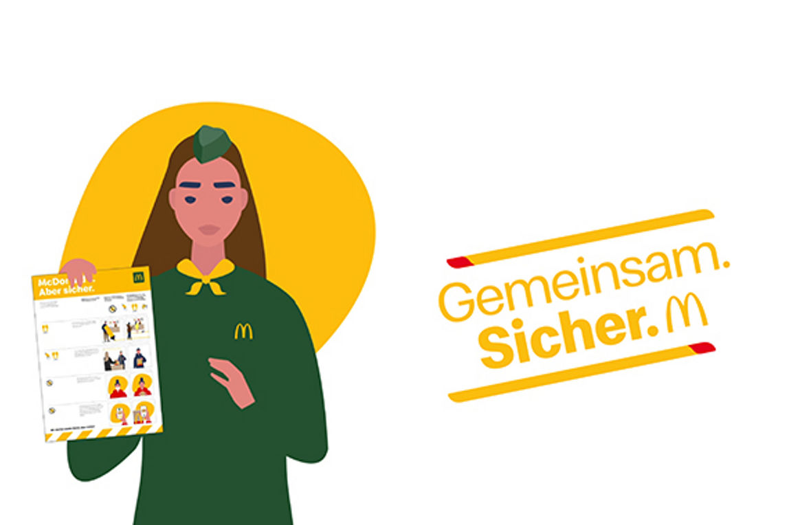 Grafik: McDonald's Mitarbeiterin mit Sicherheitshinweisen. Text: Gemeinsam. Sicher.