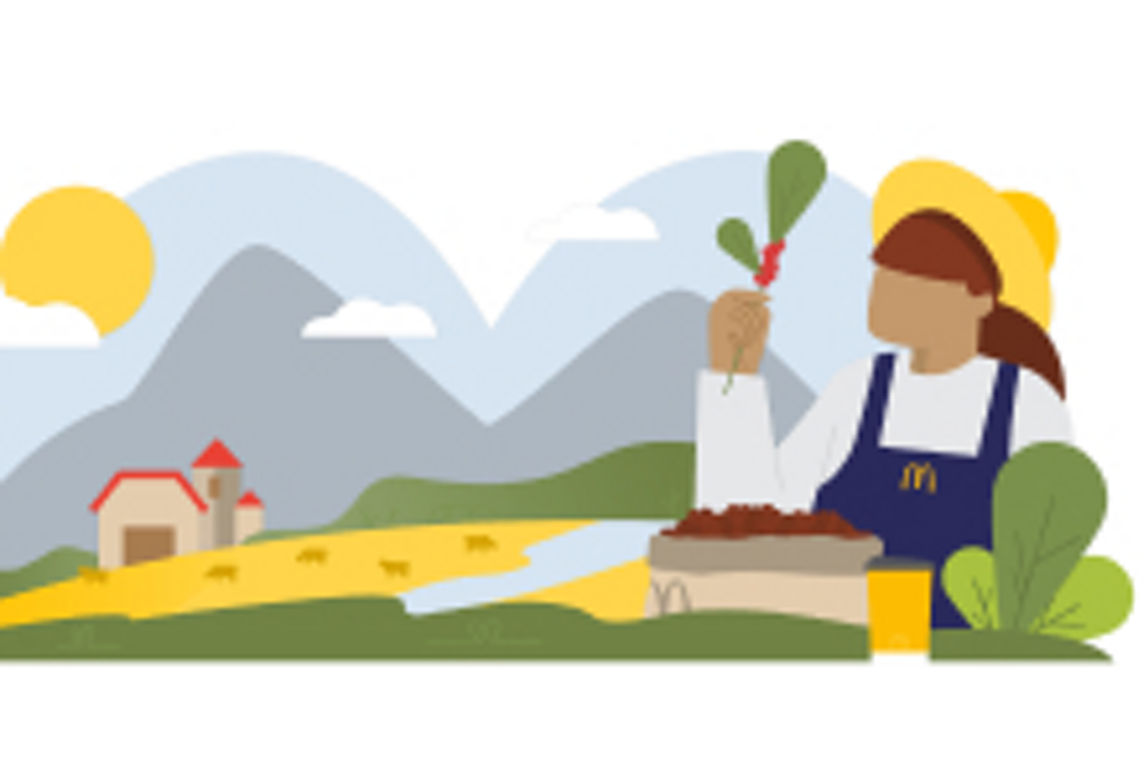 Illustration of a farmer holding a coffee plant in front of a field with cows
