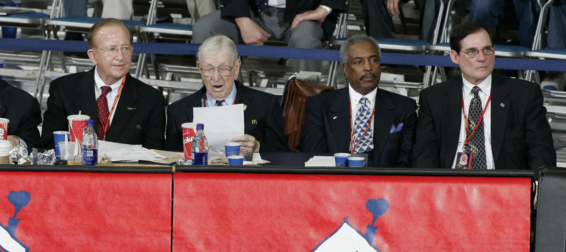 Morgan Wootten, Howard Garfinkel, Sonny Hill, and Bob Geoghan commentating on the sidelines of the McDonald’s All American Games; Photo by Brian Spurlock/McDonald’s