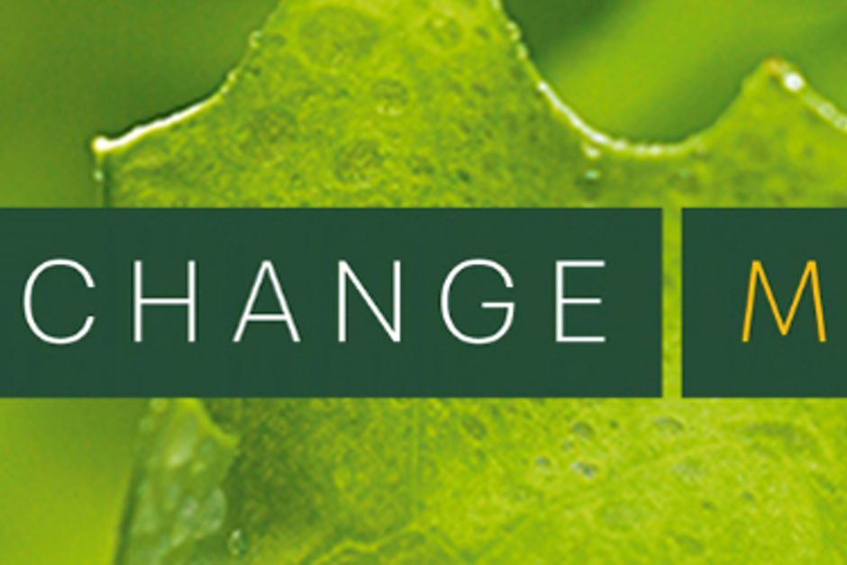 Das Change M Logo mit grünem Blatt im Hintergrund