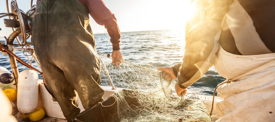 Fishermen holding a fishing net