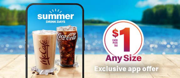 Summer Drink Days app exclusive offer on any size Iced Coffee or Fountain Drink, one dollar plus tax