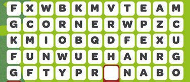 Black and white word search on a green background