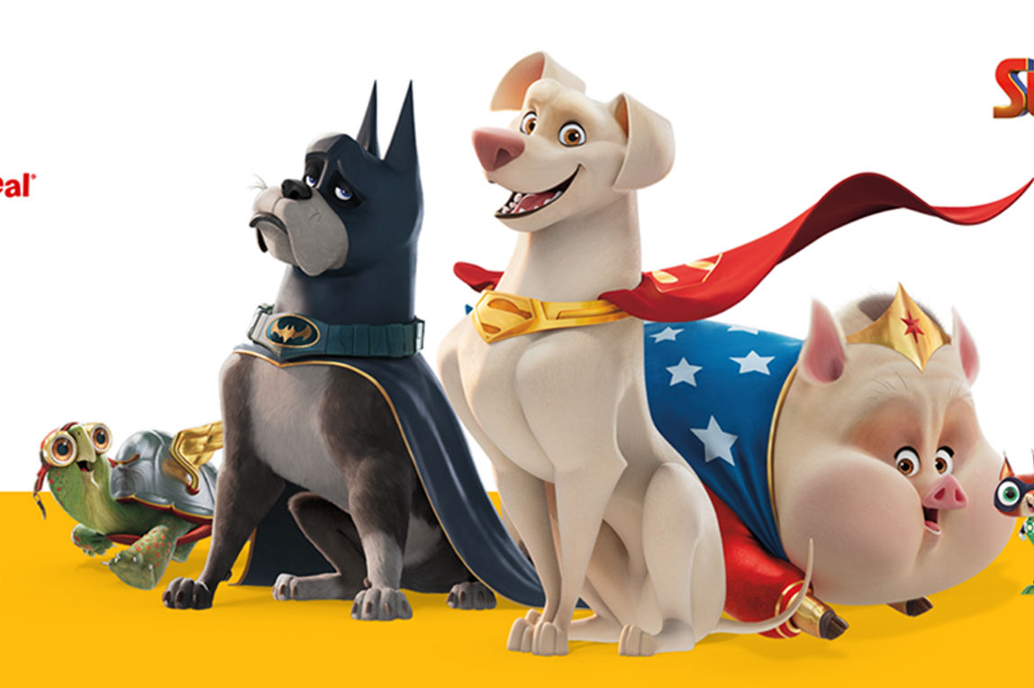 Image of Krypto the dog and his friends in superhero costumes in action poses.