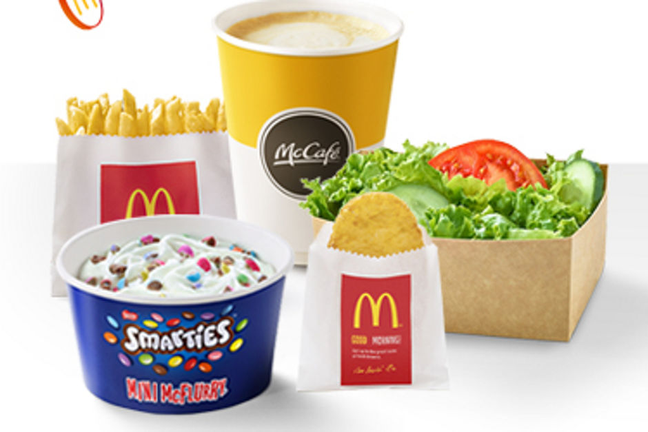 1500 points - Picture of small fries, medium salad, regular McCafe, mini Smarties McFlurry and hash brown.  