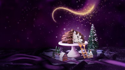 Magical winter setting with miniature trees and a beautiful cake