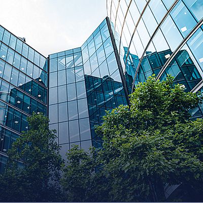 exterior of glass office building with trees outside