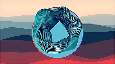 Abstract design featuring a circular shape in vibrant blue and red hues, creating a dynamic visual effect
