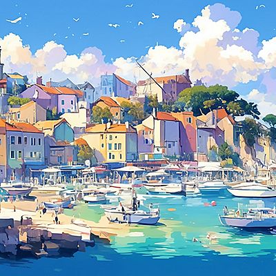 Paint-style image of a European coastal town